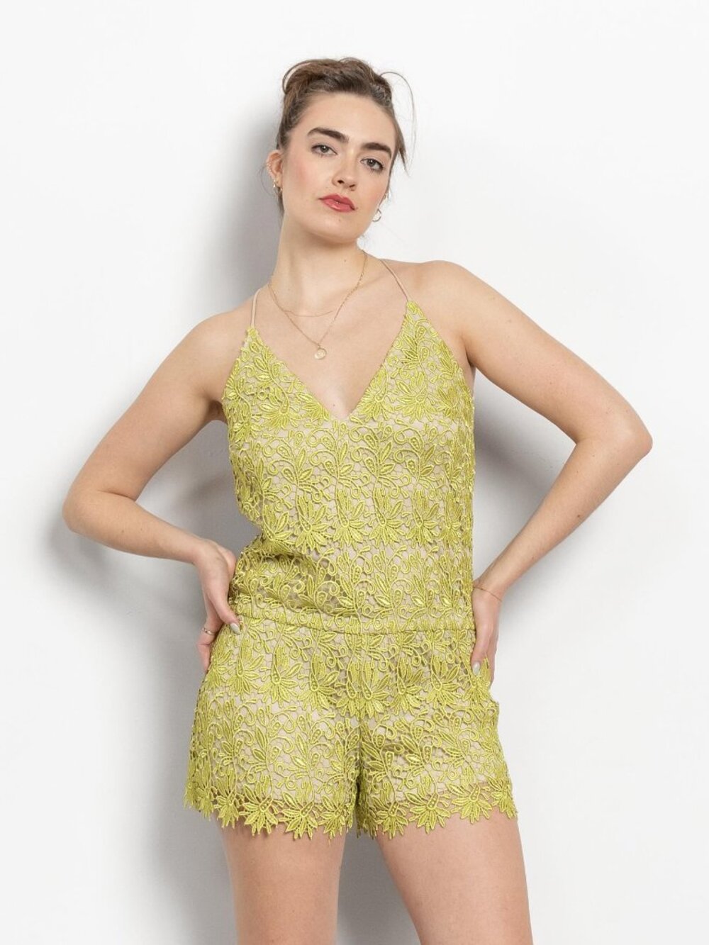LACE ROMPER GREEN Backless 60'S Vintage Costume Crochet Floral / Medium Large